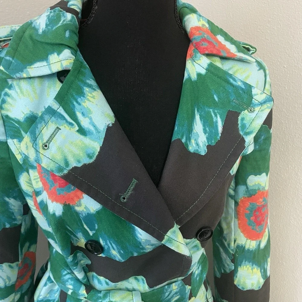 BANANA REPUBLIC Sz S Floral Belted Trench Coat Green Multicolor Double‎ Breasted